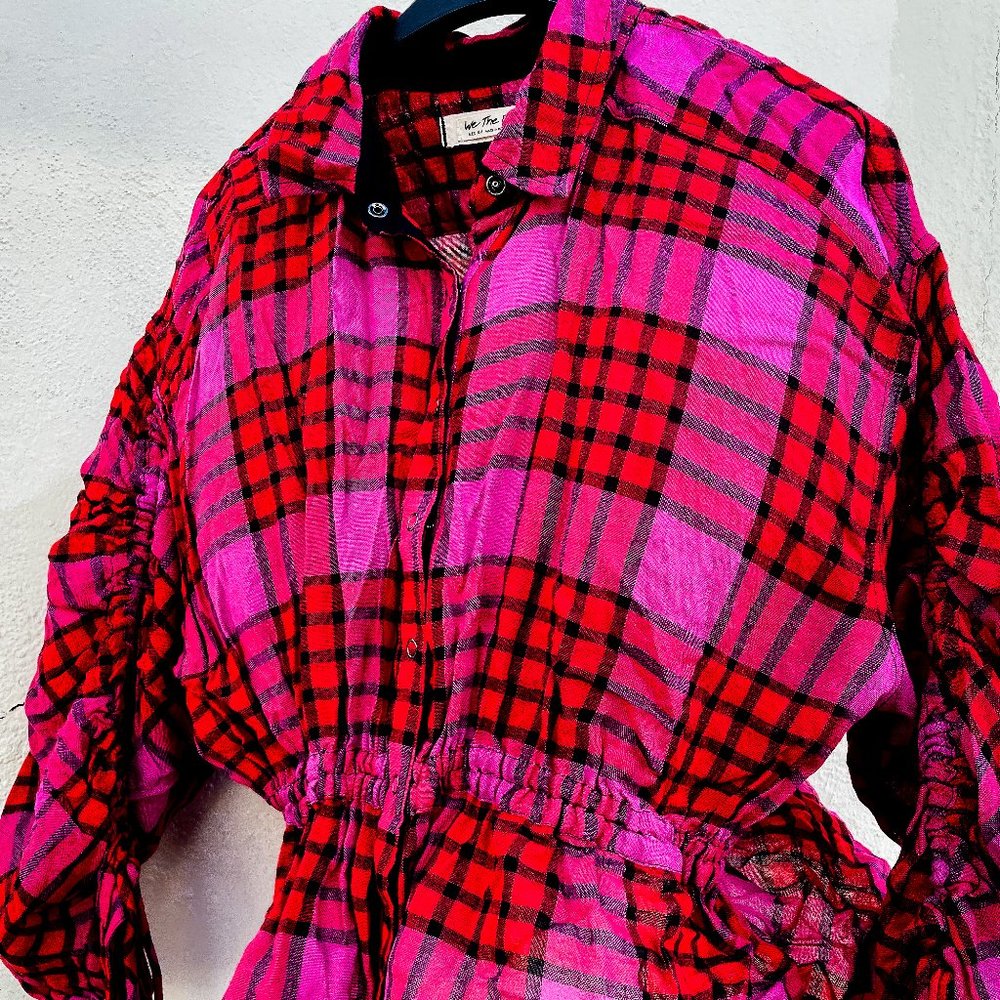 New Free People "Pacific Dawn" Medium Red Plaid Button up Top